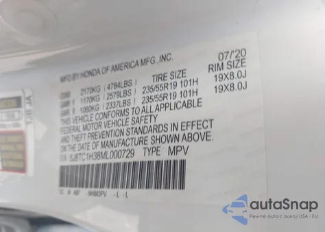 2021 Acura Rdx Base (A10) из США, поврежденный, VIN 5J8TC1H38ML000729